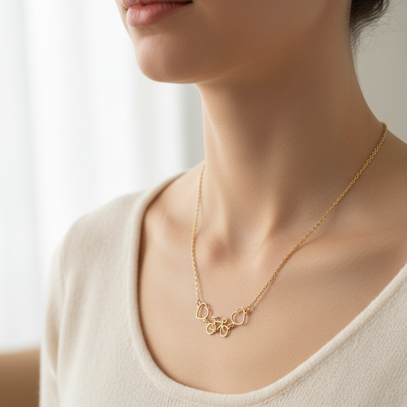 Road Bike & Heart Pendant Necklace 375 Yellow Gold