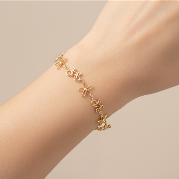 Road Bicycle Flower Bracelet 375 Yellow Gold